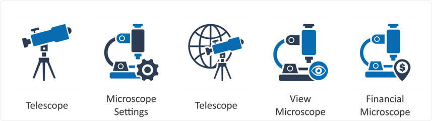 A set of 5 business icons as telescope, microscope settings, view microscope