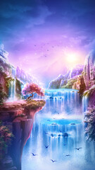 Sunrise mountain landscape with waterfalls and birds. Fantasy fairy tale background, digital art, Illustration