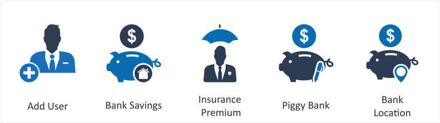A set of 5 business icons as add user, bank savings, insurance premium