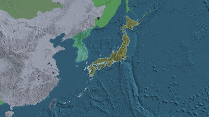 Shape of Japan. Outlined. Administrative.