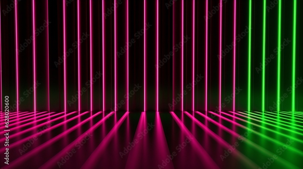 Poster Generative AI : Futuristic Sci-Fi Abstract Glowing Neon Green and Hot Pink Neon Light Shapes On Black Background And Reflective Concrete With Empty Space For Text 3D Rendering Illustration