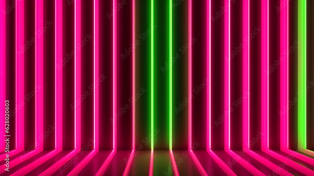 Poster Generative AI : Futuristic Sci-Fi Abstract Glowing Neon Green and Hot Pink Neon Light Shapes On Black Background And Reflective Concrete With Empty Space For Text 3D Rendering Illustration