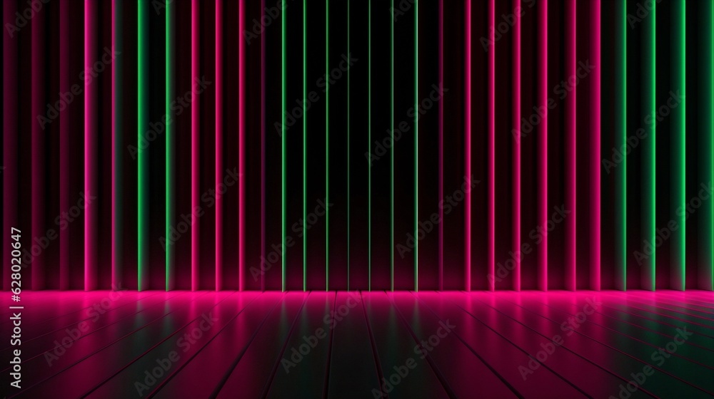 Poster Generative AI : Futuristic Sci-Fi Abstract Glowing Neon Green and Hot Pink Neon Light Shapes On Black Background And Reflective Concrete With Empty Space For Text 3D Rendering Illustration