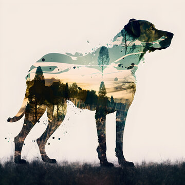 Double exposure Dog and forest painting. animal portrait. Perfect for t-shirt designs, posters, stickers, notebooks, Generative AI  