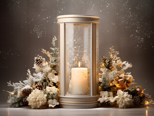 Fototapeta premium Candles in glowing lanterns decorated with flowers around the lanterns for a romantic Christmas night.