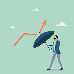 Economic recovery from crisis, business protection or stock market bounce back from recession concept, smart confidence businessman holding strong umbrella to recover red arrow economic graph. Vector
