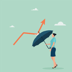 Economic recovery after crisis, business protection or stock market bounce back after recession concept, smart confident businesswoman holding umbrella to restore economic graph with red arrow. Vector