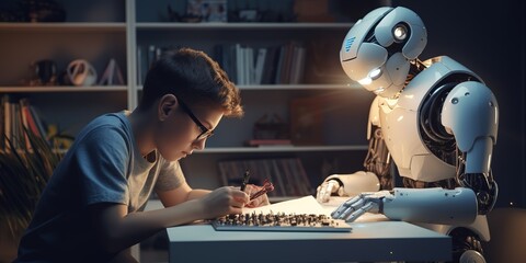An artificial intelligence robot helps a teenager with homework, they read books together. - obrazy, fototapety, plakaty