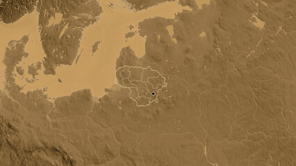 Shape of Lithuania with regional borders. Sepia elevation.