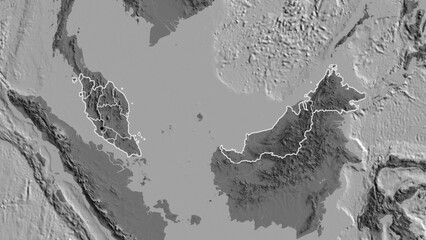 Shape of Malaysia with regional borders. Bilevel. © zelwanka