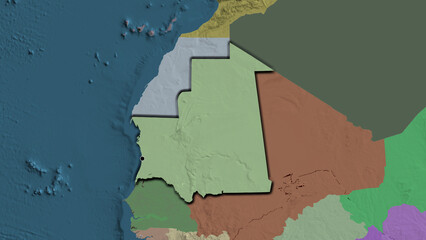 Shape of Mauritania. Bevelled. Administrative.