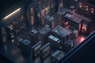Isometric view of functional server room with rows of racks. Generative AI