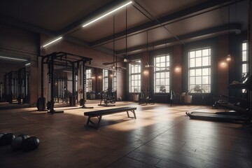 3D rendered gym interior illustration. Generative AI