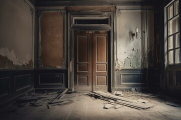 A fallen door in a deserted building. Generative AI