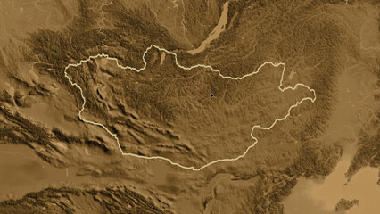 Shape of Mongolia. Outlined. Sepia elevation. © zelwanka