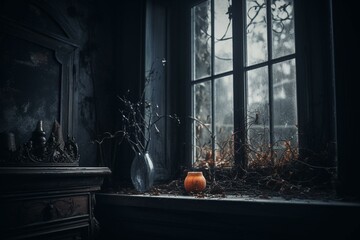 Spooky window with eerie lighting and shadows in a dark room. Ideal for Halloween projects. Generative AI