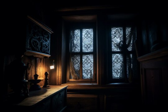 Mysterious window with supernatural lighting and shadows in a dark room. Ideal for Halloween projects. Generative AI