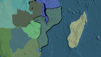 Shape of Mozambique. Bevelled. Administrative.
