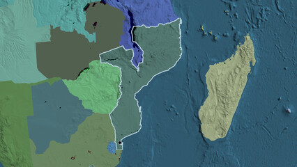 Shape of Mozambique. Outlined. Administrative.