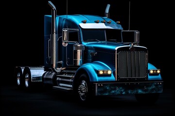 Blue semi truck isolated on black background for printing and design. Generative AI