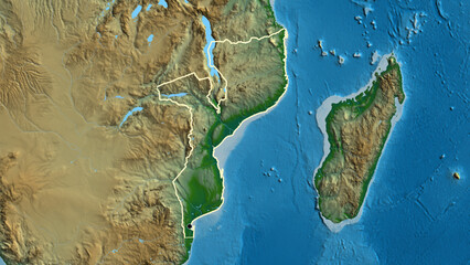 Shape of Mozambique. Outlined. Physical.