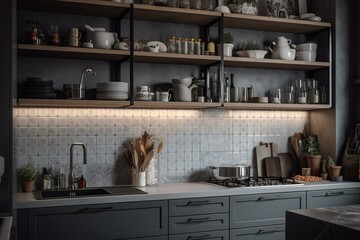 A gray kitchen with cooking area and decorative shelf. Generative AI