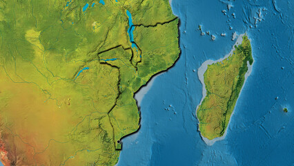 Shape of Mozambique. Bevelled. Topographic.