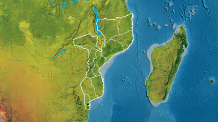 Shape of Mozambique with regional borders. Topographic.