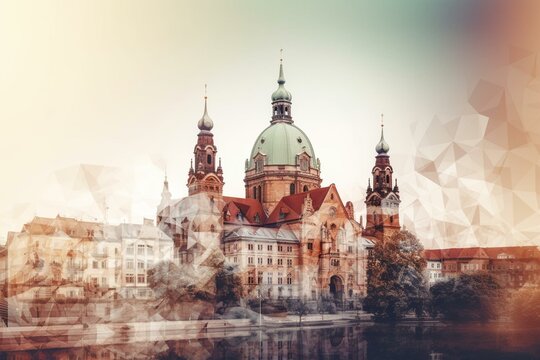 Abstract depiction of Hannover with overlapping transparent layers, gradient sky, and prominent landmarks in the skyline. Generative AI