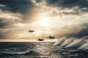 Fighter jets soaring over the sea. Generative AI