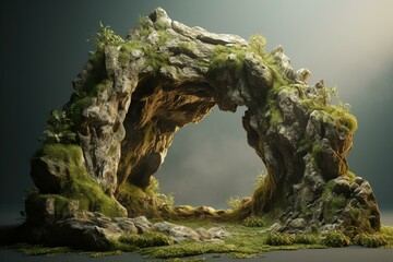 Mossy rock arch with cave on white. Generative AI