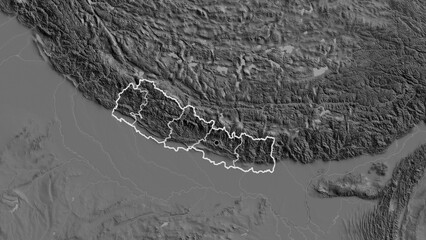 Shape of Nepal with regional borders. Bilevel. © zelwanka