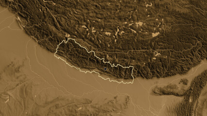 Shape of Nepal. Outlined. Sepia elevation. © zelwanka