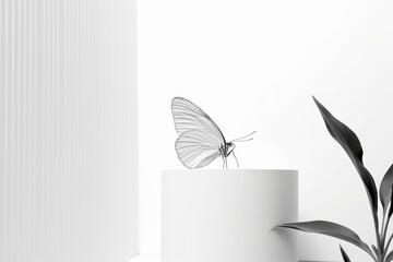 Illustration of a black and white photo of a butterfly on a white pedesta, created with Generative AI technology