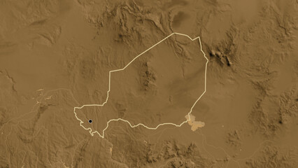 Shape of Niger. Outlined. Sepia elevation. © zelwanka