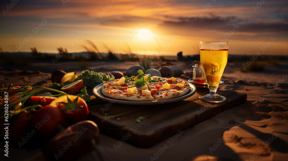 Wall mural pizza with pineapple slices in the desert, sunset. hawaiian pizza with pineapple and tomatoes.