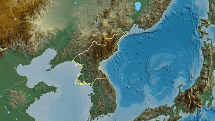 Shape of North Korea. Outlined. Relief.