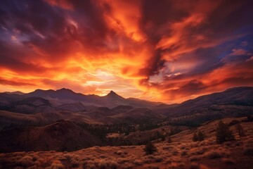 Fototapeta premium Illustration of a breathtaking sunset over a majestic mountain range, created with Generative AI technology