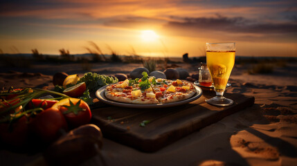 Pizza with pineapple slices in the desert, sunset. Hawaiian pizza with pineapple and tomatoes.