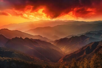 Illustration of a stunning sunset over majestic mountains, created with Generative AI technology