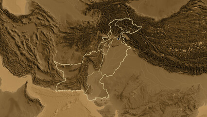 Shape of Pakistan with regional borders. Sepia elevation. © zelwanka