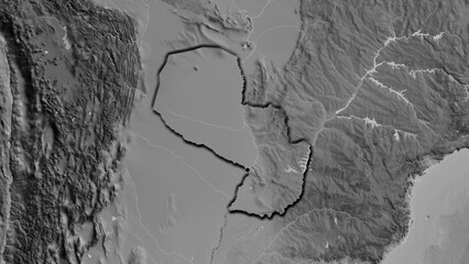 Shape of Paraguay. Bevelled. Grayscale.