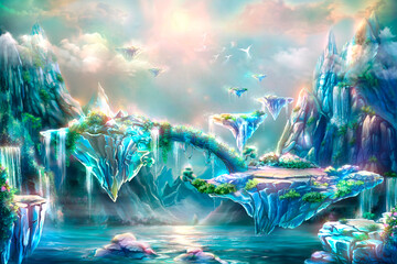 Magical islands. Fantastic fairy tale background, digital art. Illustration of a mountain dawn landscape with waterfalls, birds and flying islands  