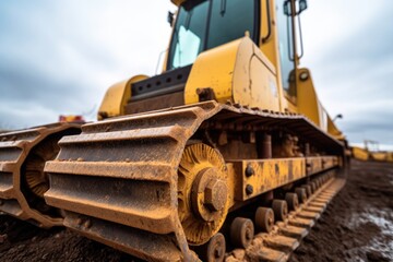 Fototapeta premium close-up of construction site bulldozer's blade, ready to begin work