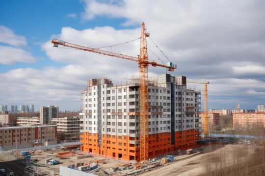 construction site with towering crane, working on high-rise building