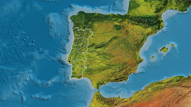 Shape of Portugal with regional borders. Topographic.