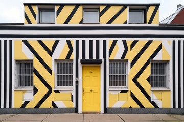 yellow-and-black striped facade with geometric windows and doors