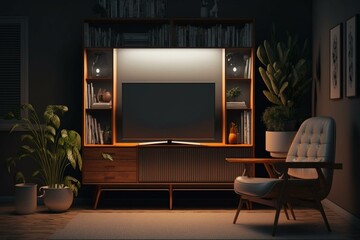 Mockup of TV in night-time living room with screen, cabinet, chairs, and bookshelf. Generative AI