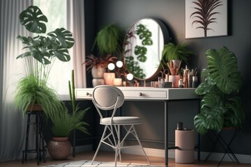 Chic makeup room with table, mirror and greenery. Generative AI