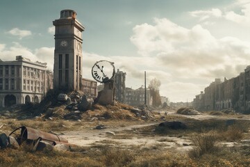 Fototapeta na wymiar An urban landscape with ruins and a clock tower depicted in a cinematic matte painting, showcasing detailed nuclear-inspired artwork. Generative AI